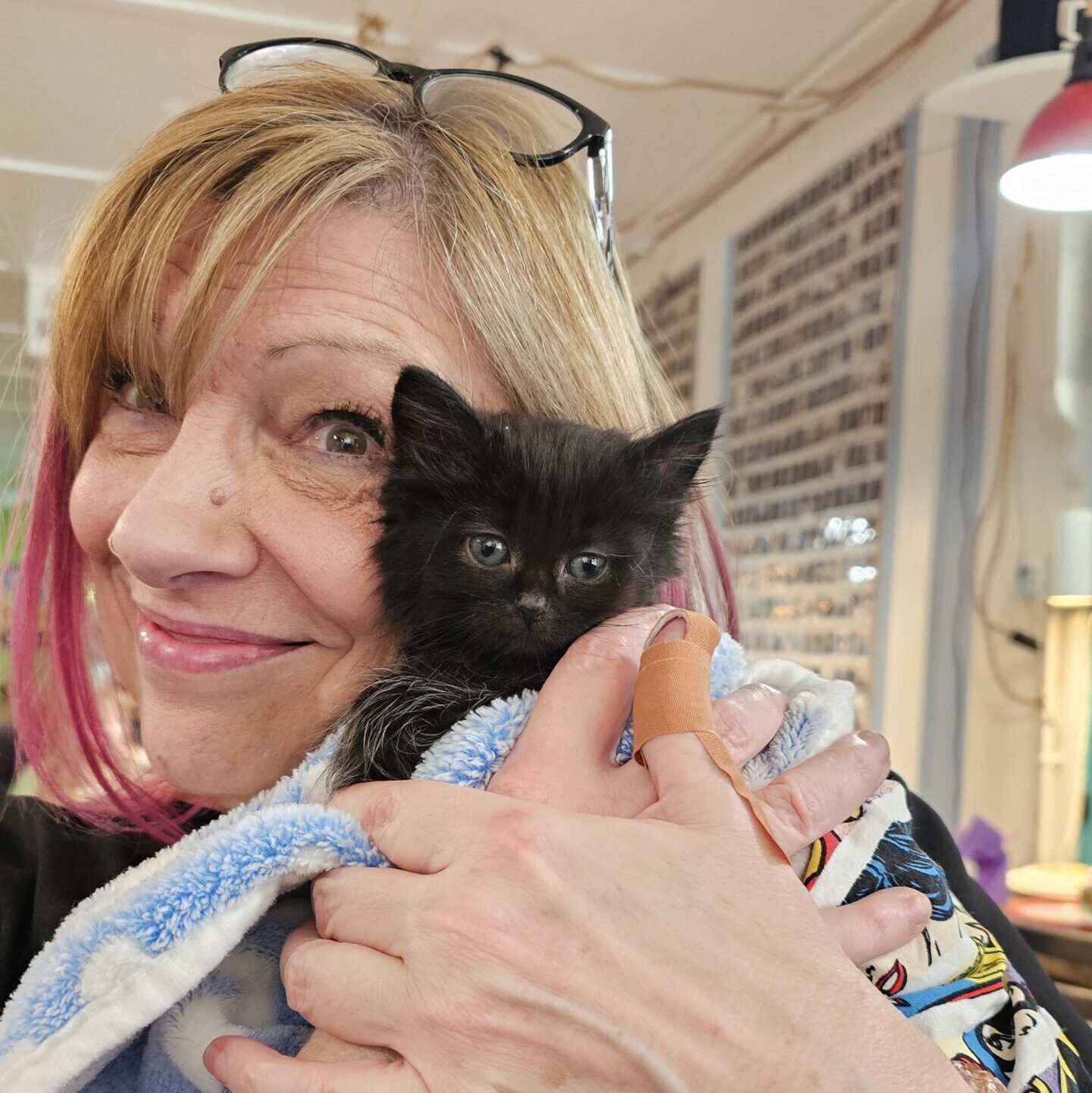 Attendee holding a tiny black kitten at Kitten Therapy