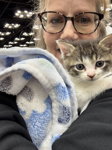 Attendee selfie with a tabby-and-white kitten wrapped in a blanket