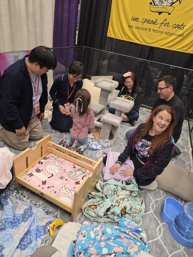 Families visiting kittens in the Kitten Therapy pen