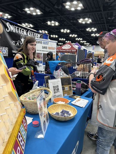 Visitors at a cat rescue booth on the PurrCon floor