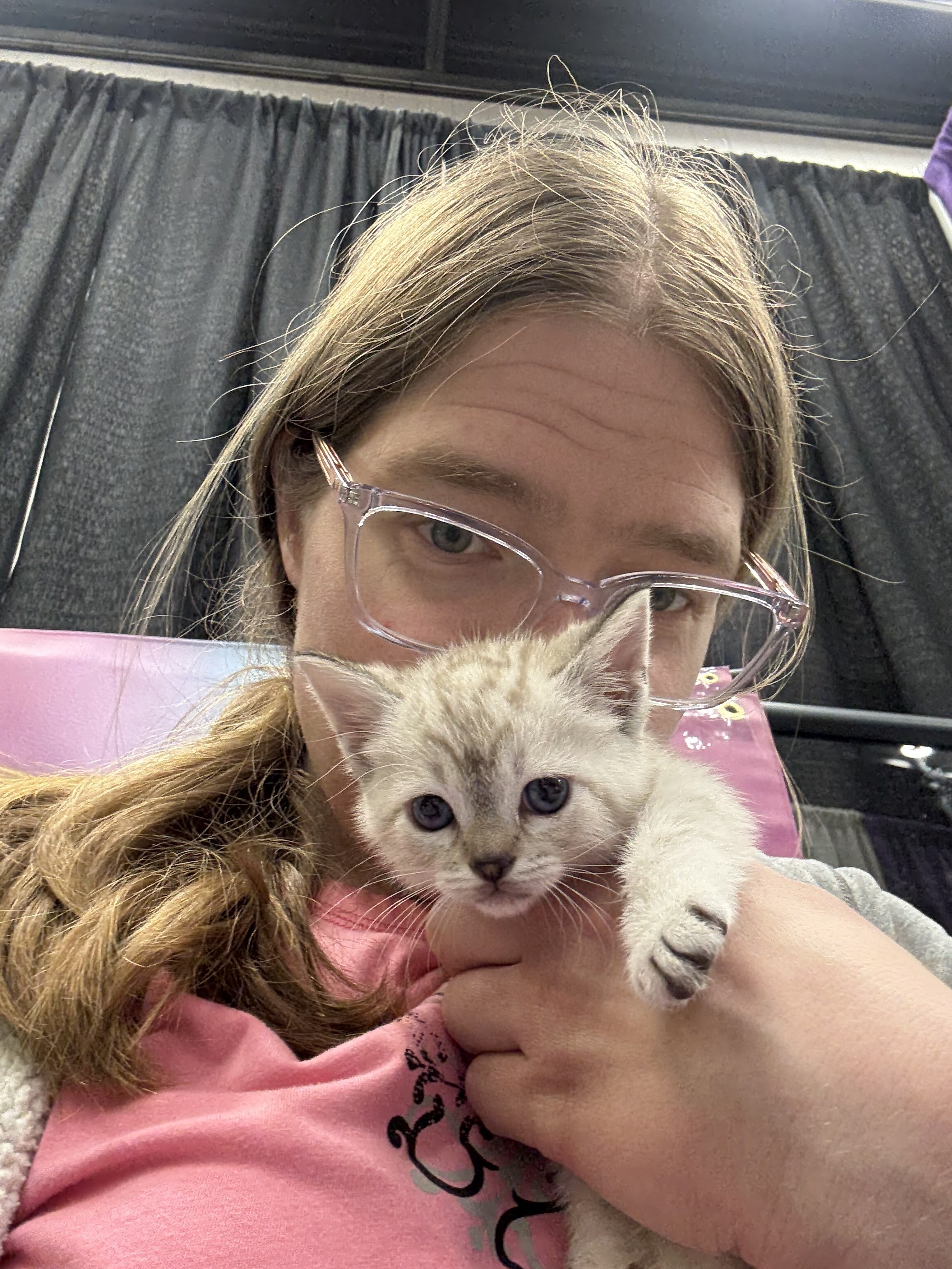 Attendee holding a tiny kitten close